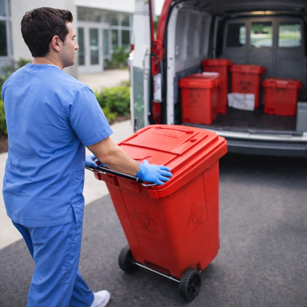 Medical waste professional loading a red compliance bin