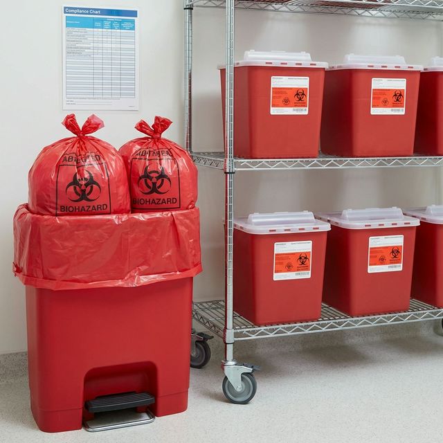Medical waste containers and biohazard bags ready for compliant pickup