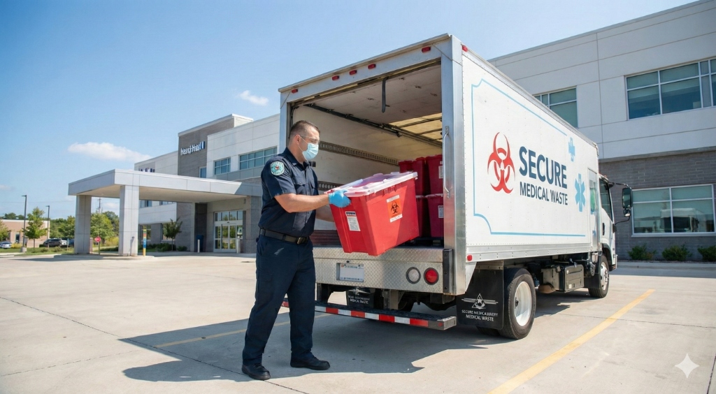 Worker loading red biohazard bins into a Secure Medical Waste truck