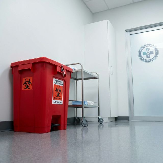 Labeled medical waste container ready for pickup