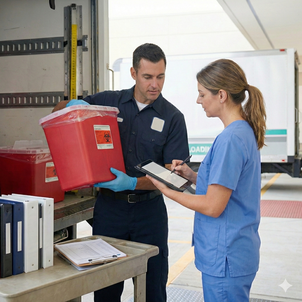 Waste pickup professional and clinic nurse reviewing compliance paperwork